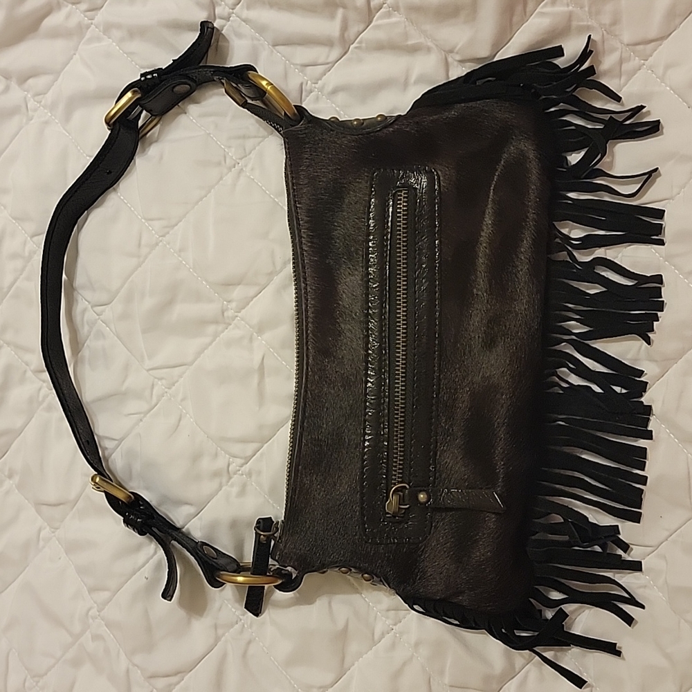 Innue Italian Leather Fringe Bag, Cow Print